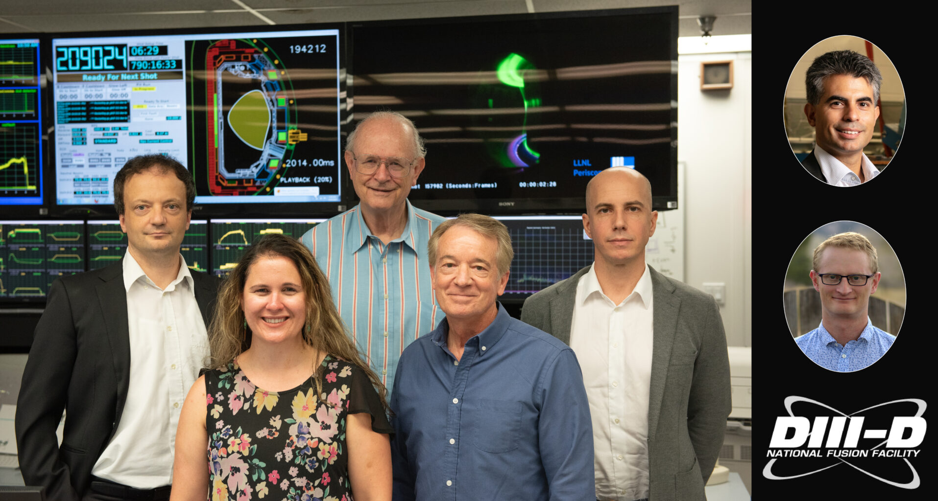 Five scientists stand in front of screens showing data. Two other scientists are shown as insets.