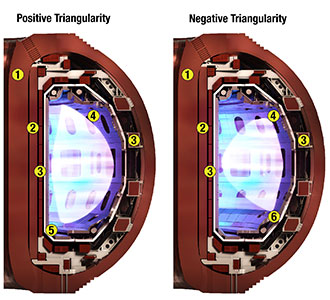 Diagram showing the D-shape plasma of positive triangularity plasma on the left and reverse D-shape of negative triangularity plasma on the right