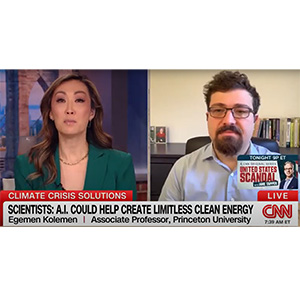 A female reporter and male scientist on a split screen